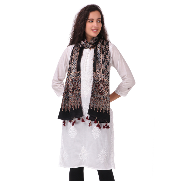 Traditional Ajrakh Handblock Printed and natural dyed mashru stole