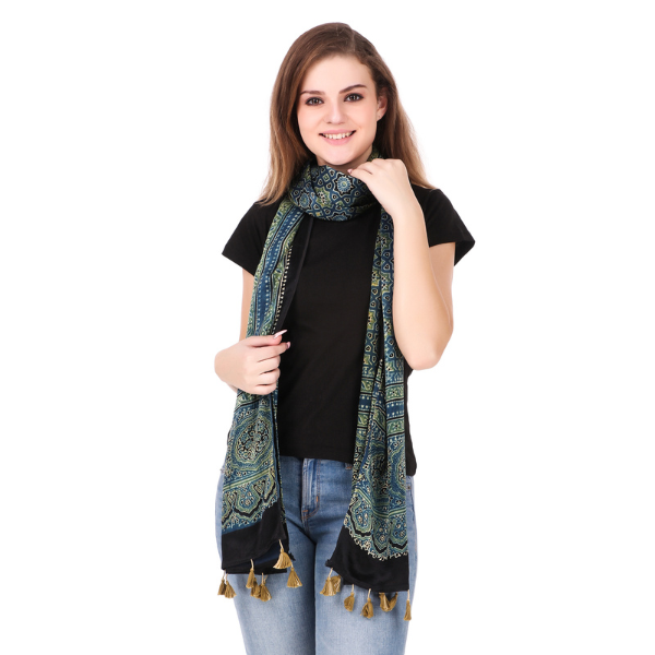 Traditional Ajrakh Handblock Printed and natural dyed mashru stole