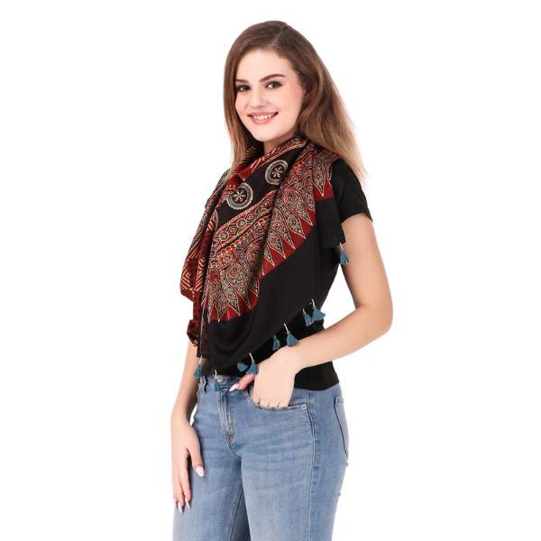 Traditional Ajrakh Handblock Printed and natural dyed mashru stole