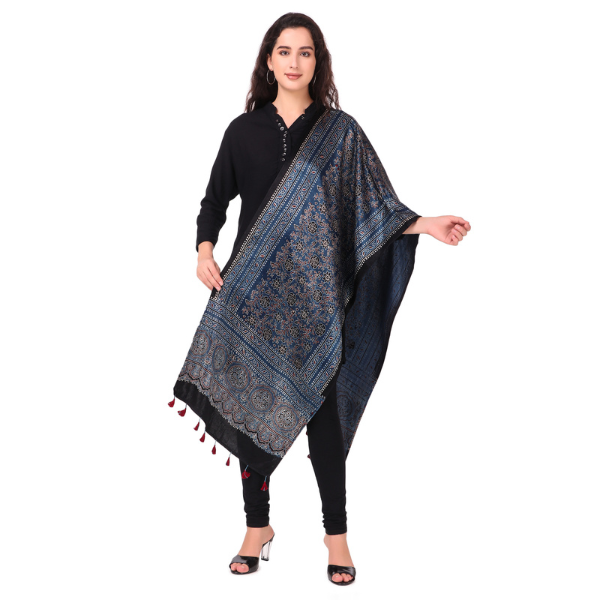 Traditional Ajrakh Handblock Printed And Natural Dyed Mashru Stole