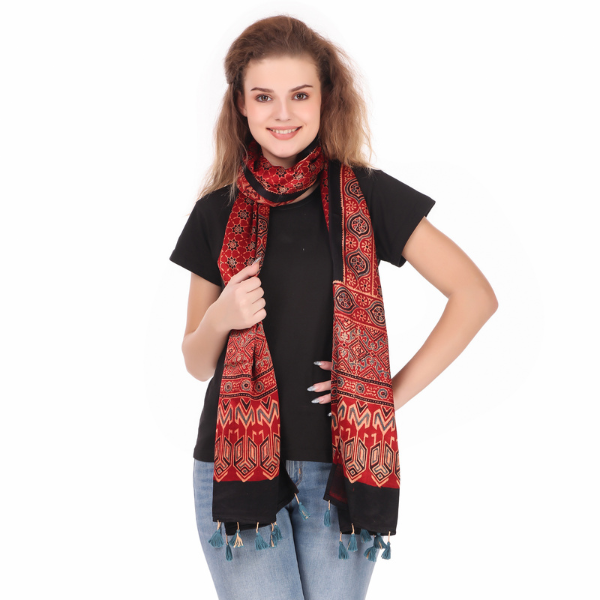 Traditional Ajrakh Handblock Printed And Natural Dyed Mashru Stole