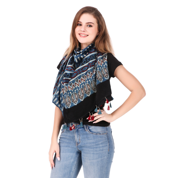 Traditional Ajrakh Handblock Printed And Natural Dyed Mashru Stole