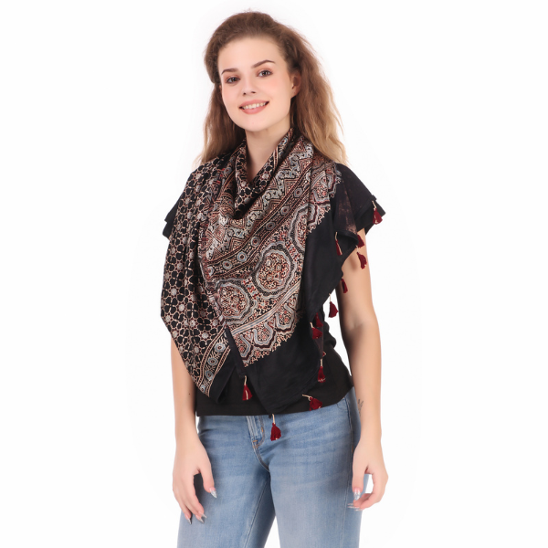 Traditional Ajrakh Handblock Printed And Natural Dyed Mashru Stole
