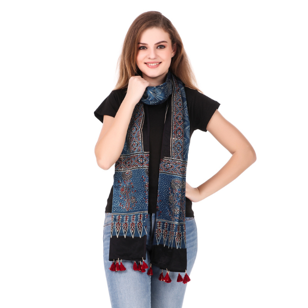 Traditional Ajrakh Handblock Printed And Natural Dyed Mashru Stole