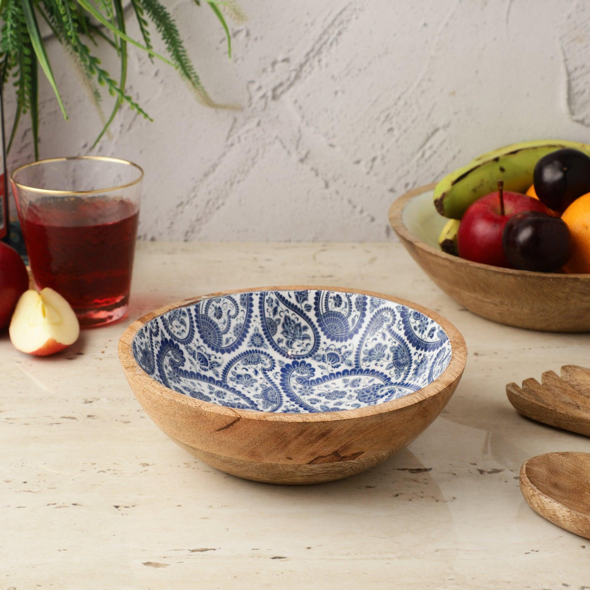 Wooden Serving Bowl - Royal Blue Paisley