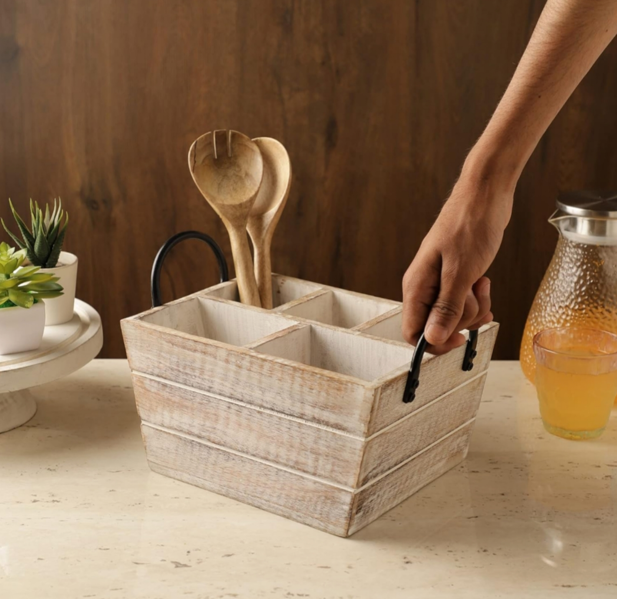 Wooden Cutlery Caddy - Distressed White