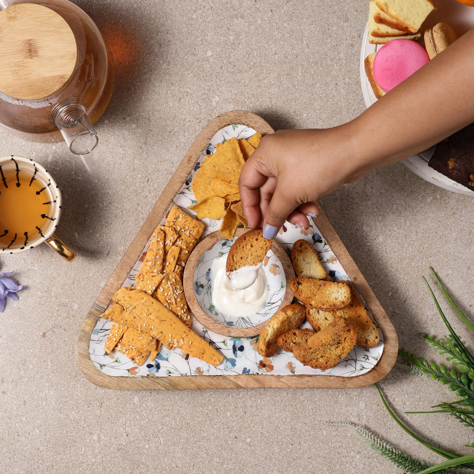 Wooden Triangular Dip bowl Platter (Spring Meadow)
