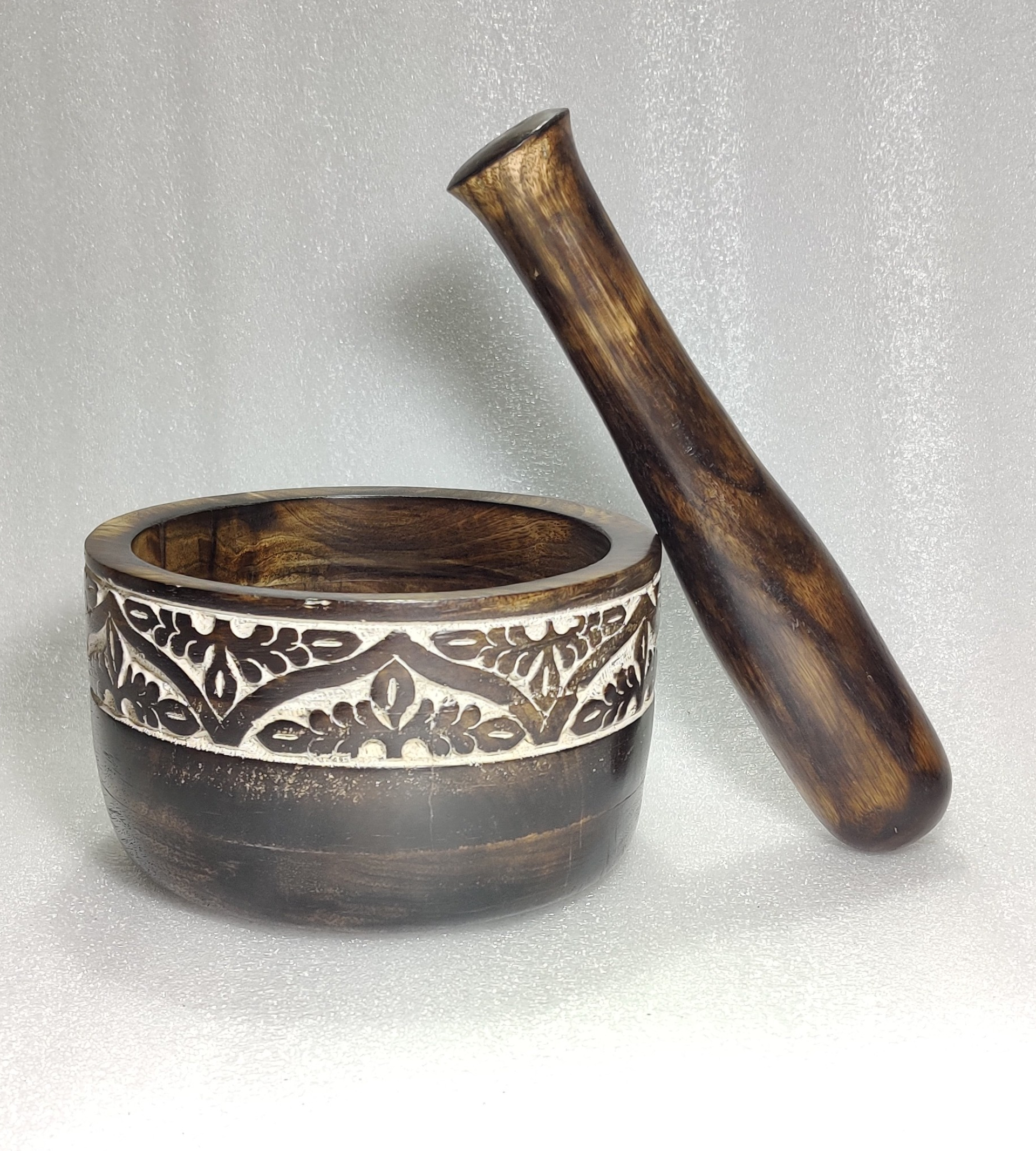 Wood Mortar and Pestle with Creative Elegance (Burnt and Distressed Finish)