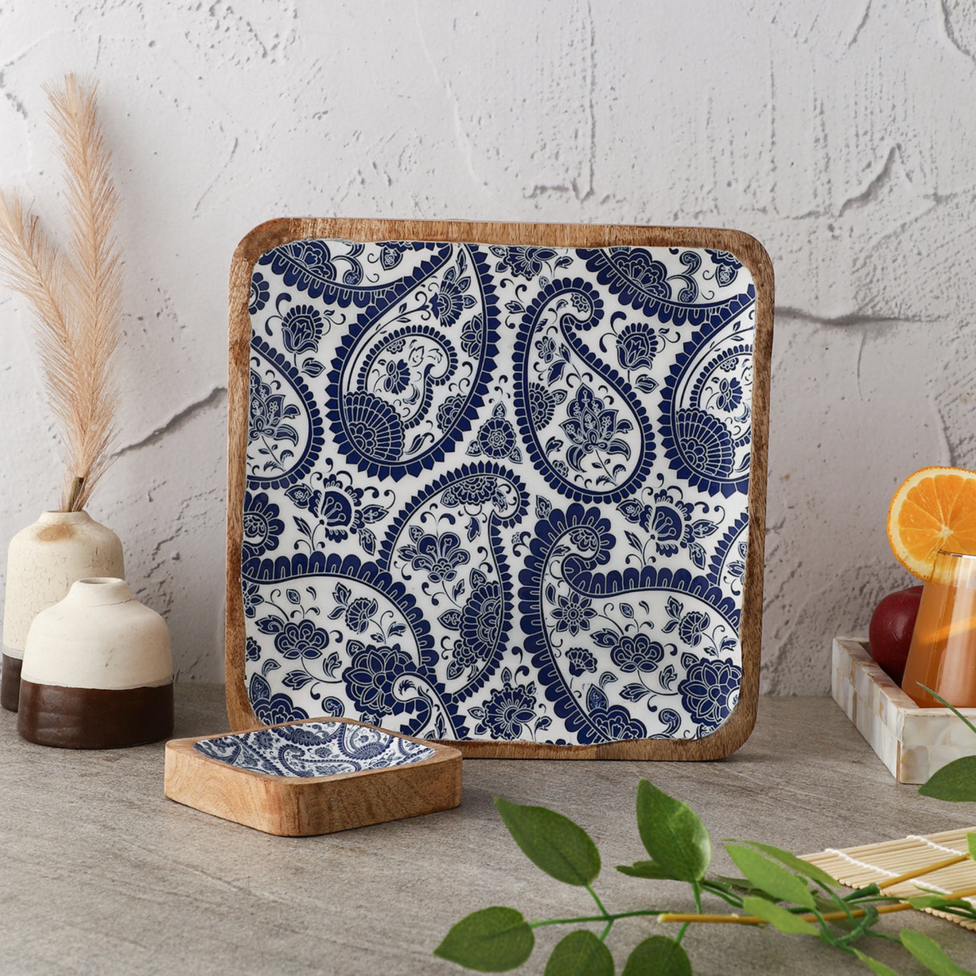 Wooden Square Dip Bowl Platter Set (Royal Blue Paisley)