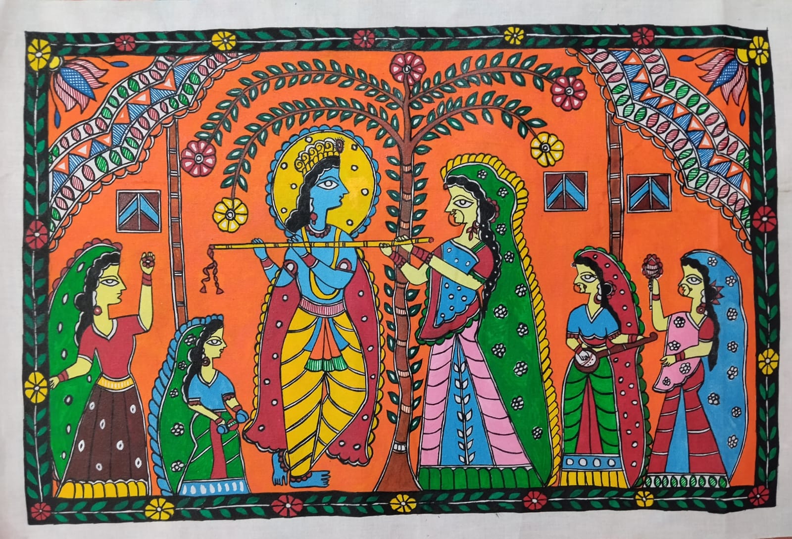 Madhubani Hand-Painted “Raas Scene” Canvas Painting
