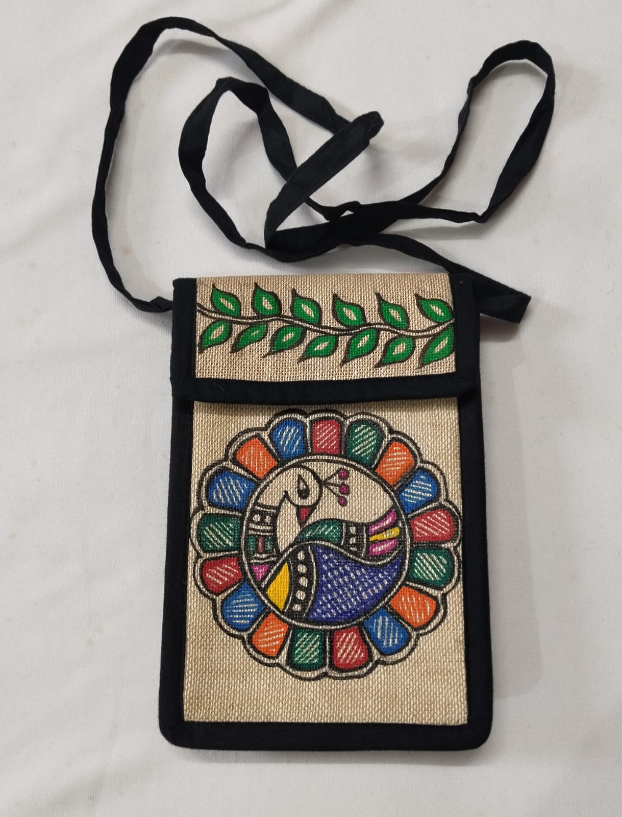 Madhubani Hand-Painted Jute Mobile Pouch