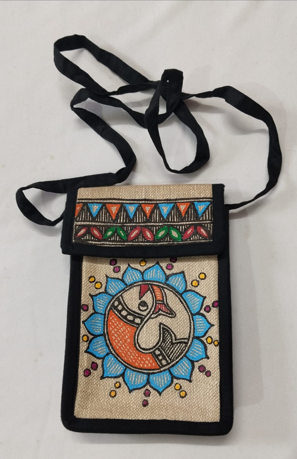 Madhubani Hand-Painted Jute Mobile Pouch