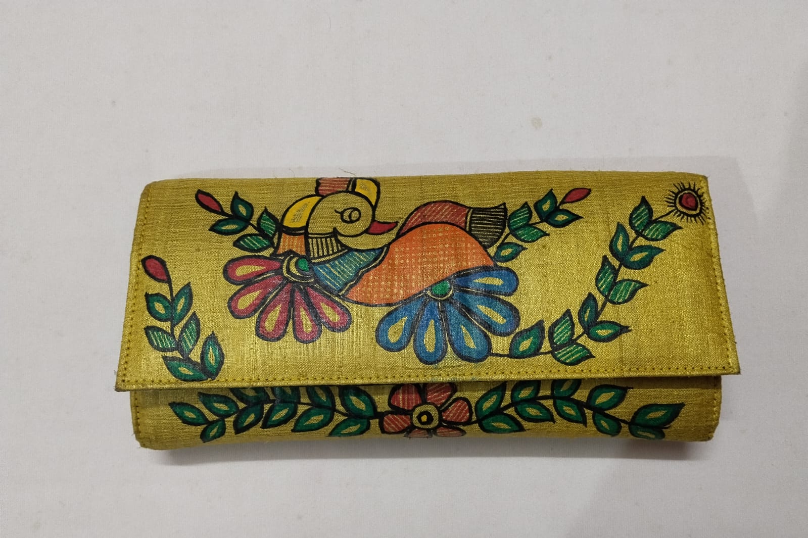 Madhubani Hand-Painted Silk Clutch – Golden