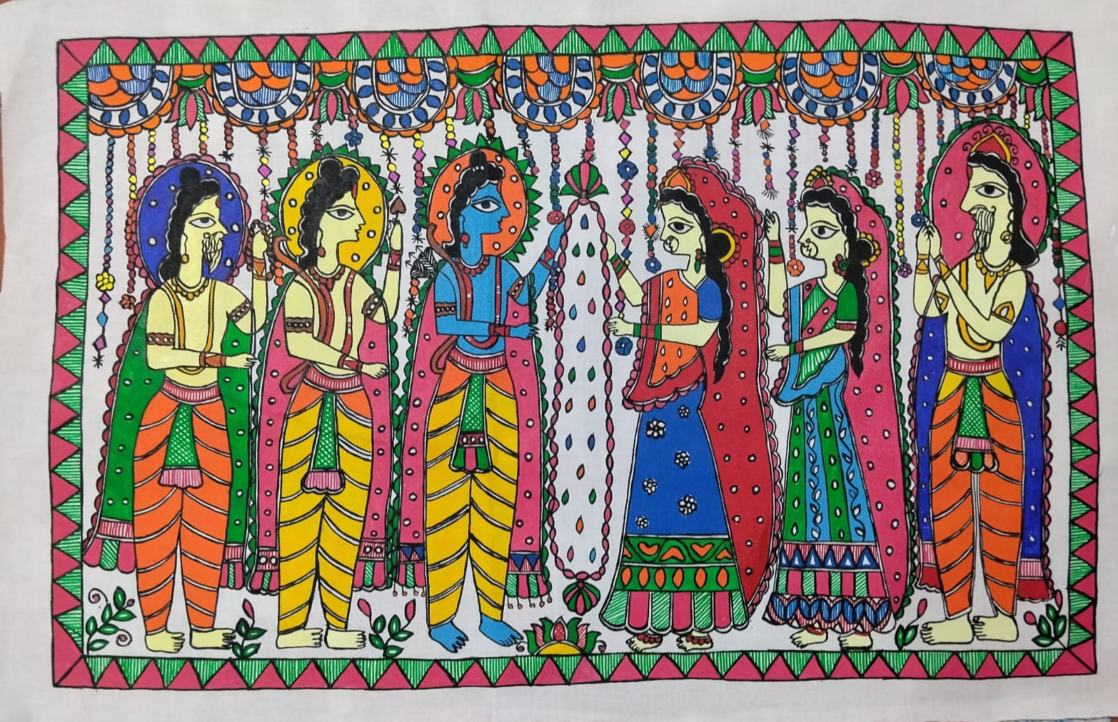 Madhubani Hand-Painted “Ram–Sita Jaimaala” Canvas Painting