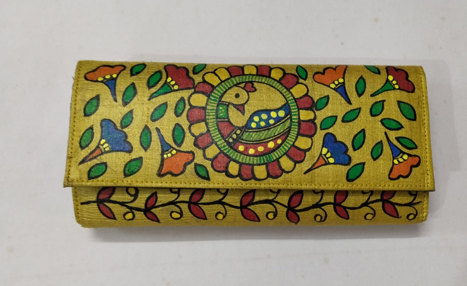 Madhubani Hand-Painted Silk Clutch – Golden