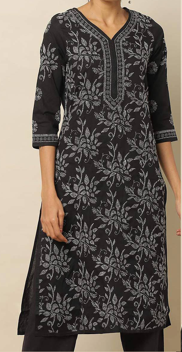   Goodwill prime Hand Embroidered Kurta BLACK  Chikan Women's Cotton Kurti Kurta