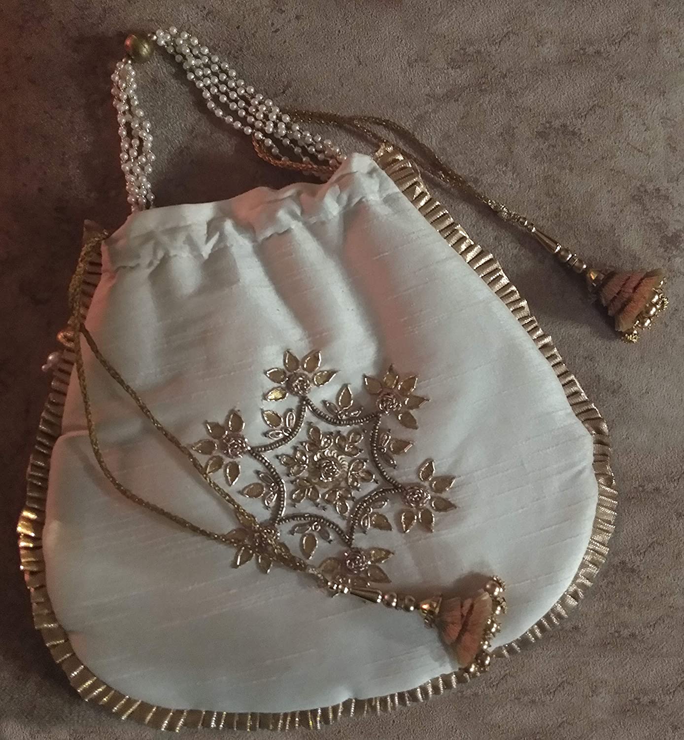 zardosi gota patti White potli with pearl handle