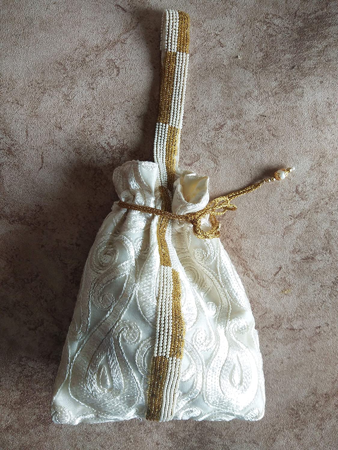 Exclusive Handcrafted zardosi handle Women's Potli (Off-White)