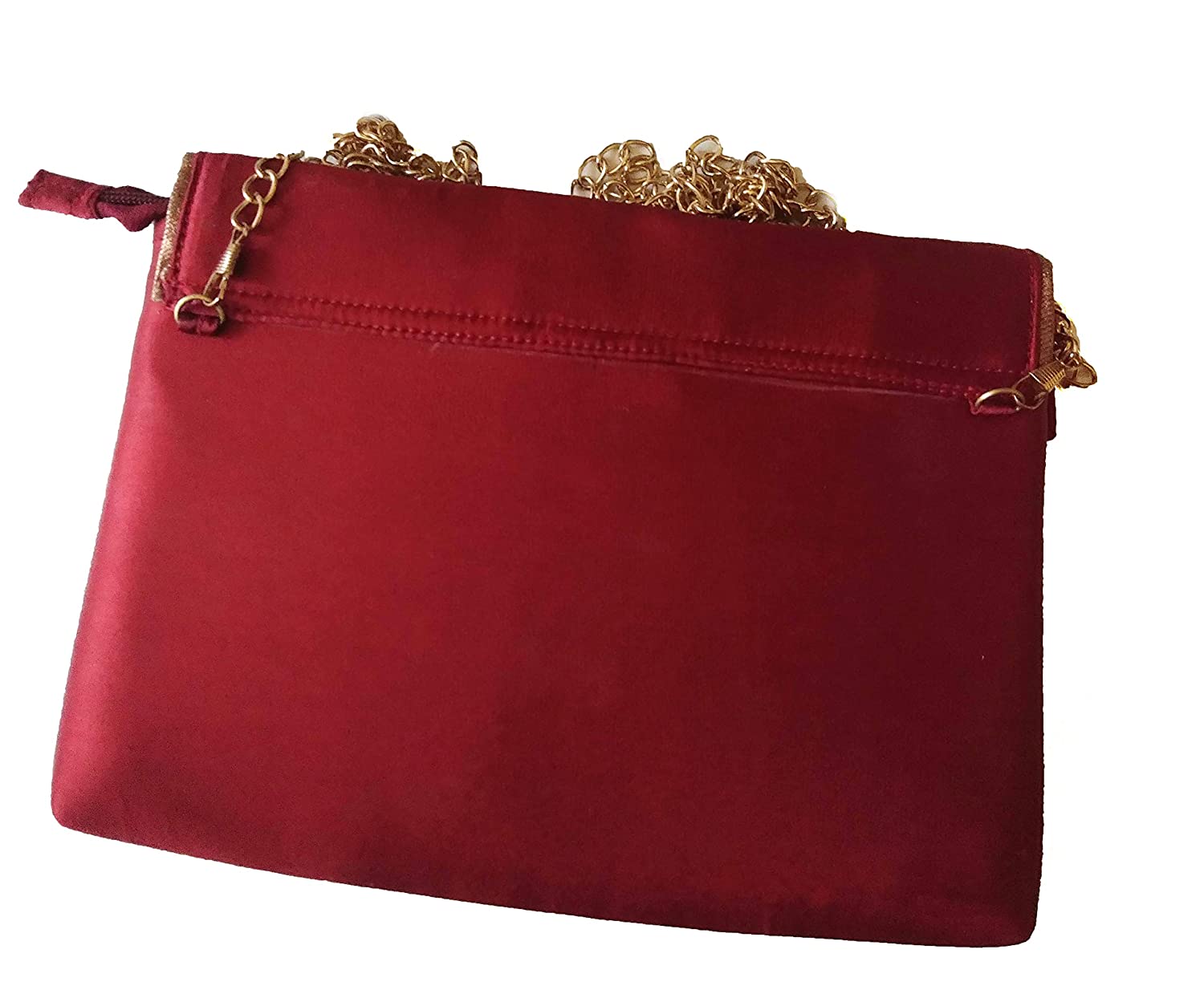 Women's Satin Maroon Pouch/Potli with zardosi handwork flap with golden handle