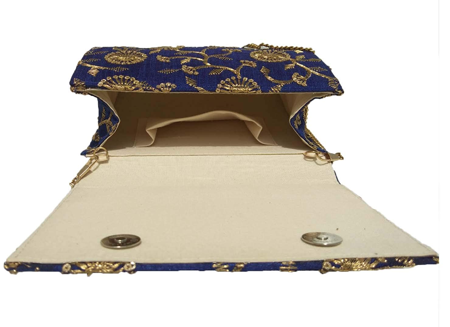 Women's and Girl's Blue and Golden Zari Raw Silk Clutch