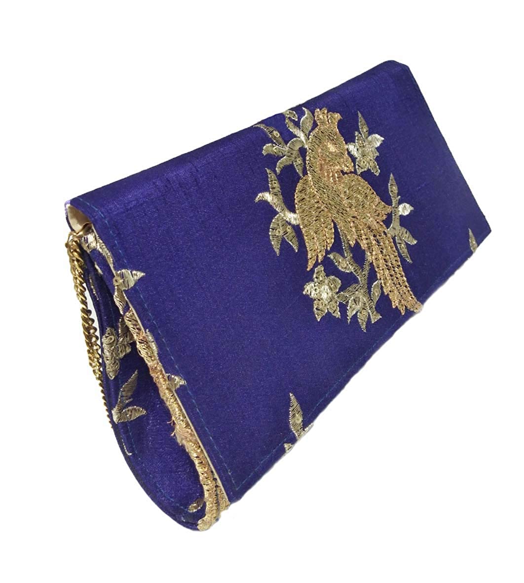 Girl's and Women's Blue and Golden Zari Silk Clutch
