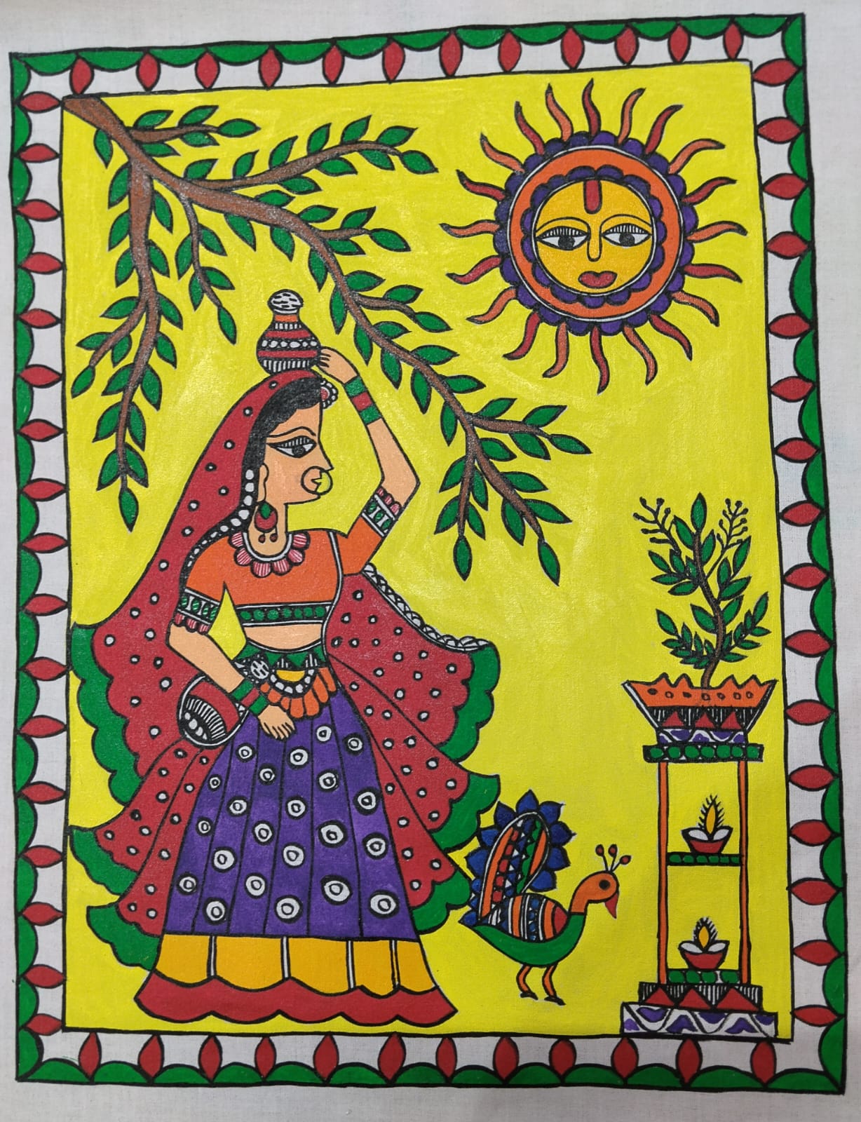 A village scene – Madhubani Folk Painting