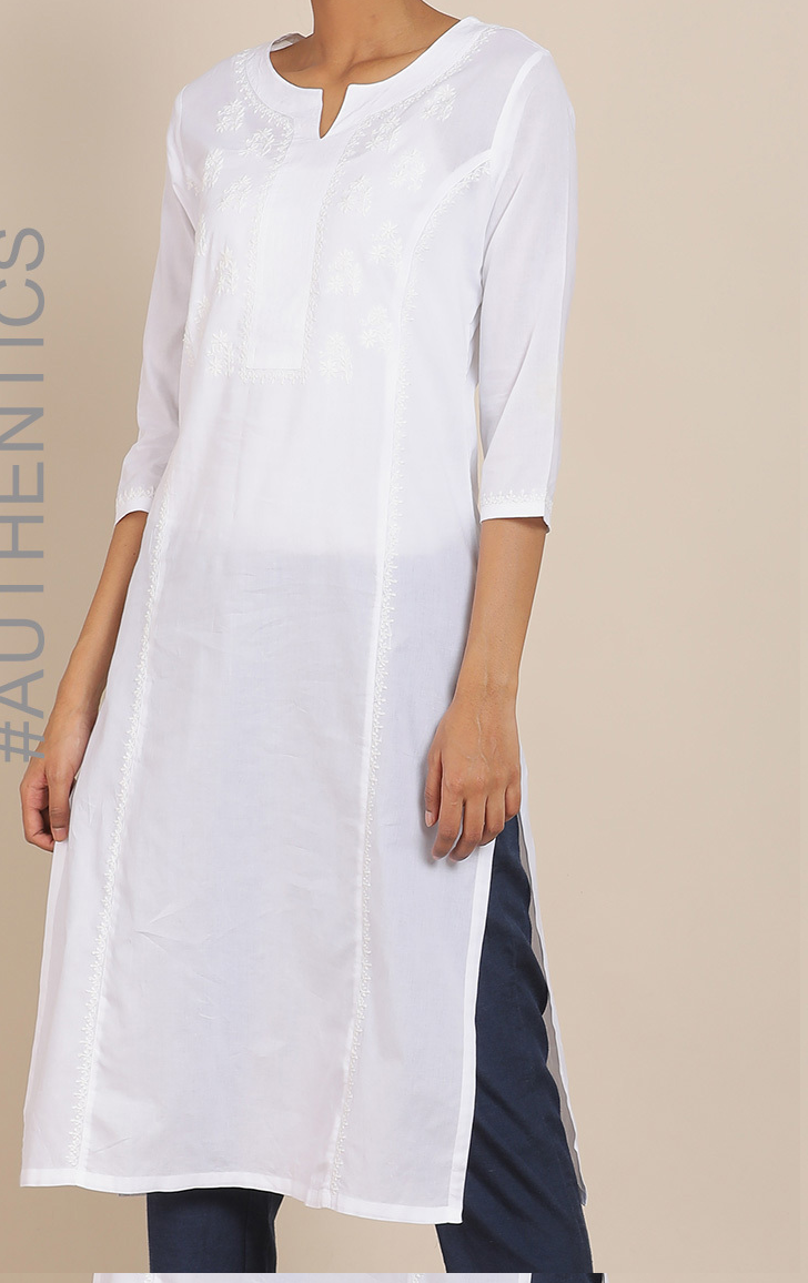 Goodwill Prime Handcrafted Lucknow Chikankari Regular Wear Cotton Kurti Kurta  White