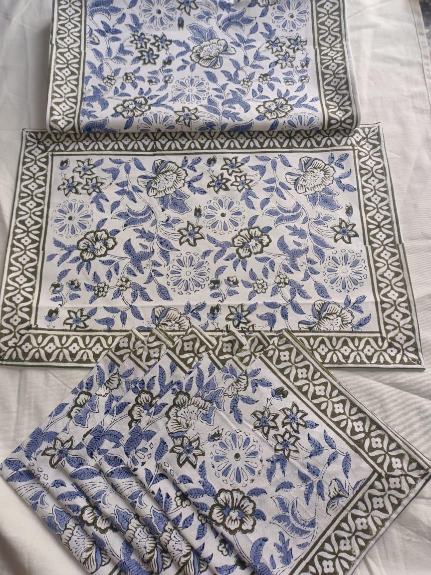 Handblock Printed 6-Seater Dining Table Runner Set with Mats & Napkins (6 Matt With 1 Runner With 6 Napkins)