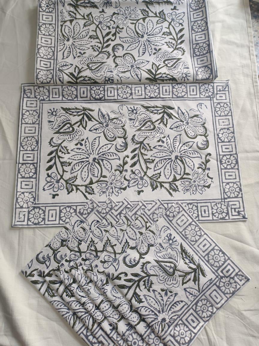 Handblock Printed 6-Seater Dining Table Runner Set with Mats & Napkins (6 Matt With 1 Runner With 6 Napkins)