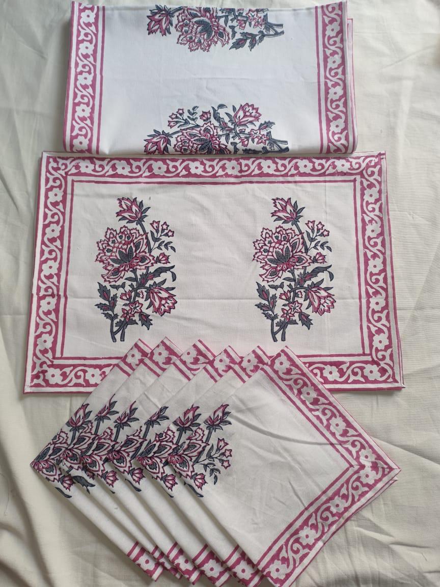 Handblock Printed 6-Seater Dining Table Runner Set with Mats & Napkins (6 Matt With 1 Runner With 6 Napkins)