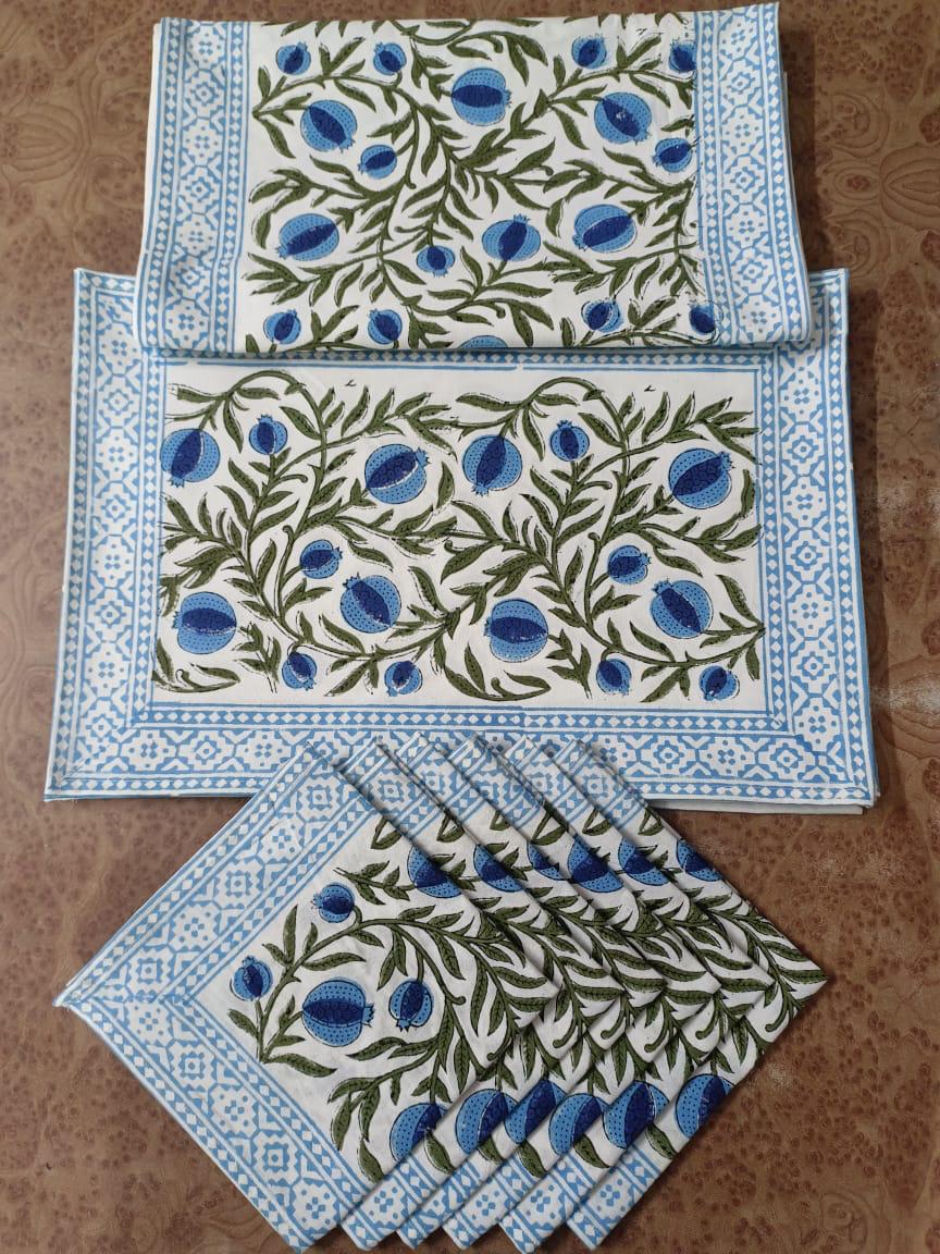 Handblock Printed 6-Seater Dining Table Runner Set with Mats & Napkins (6 Matt With 1 Runner With 6 Napkins)