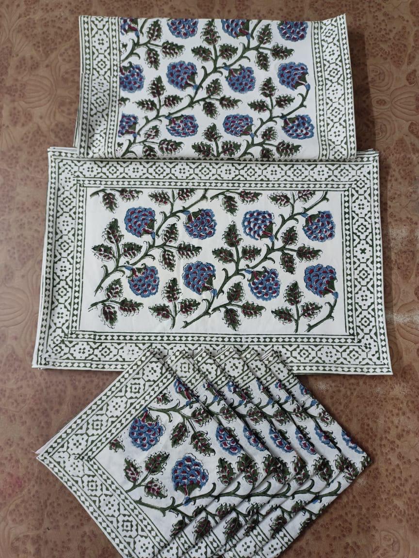 Handblock Printed 6-Seater Dining Table Runner Set with Mats & Napkins (6 Matt With 1 Runner With 6 Napkins)