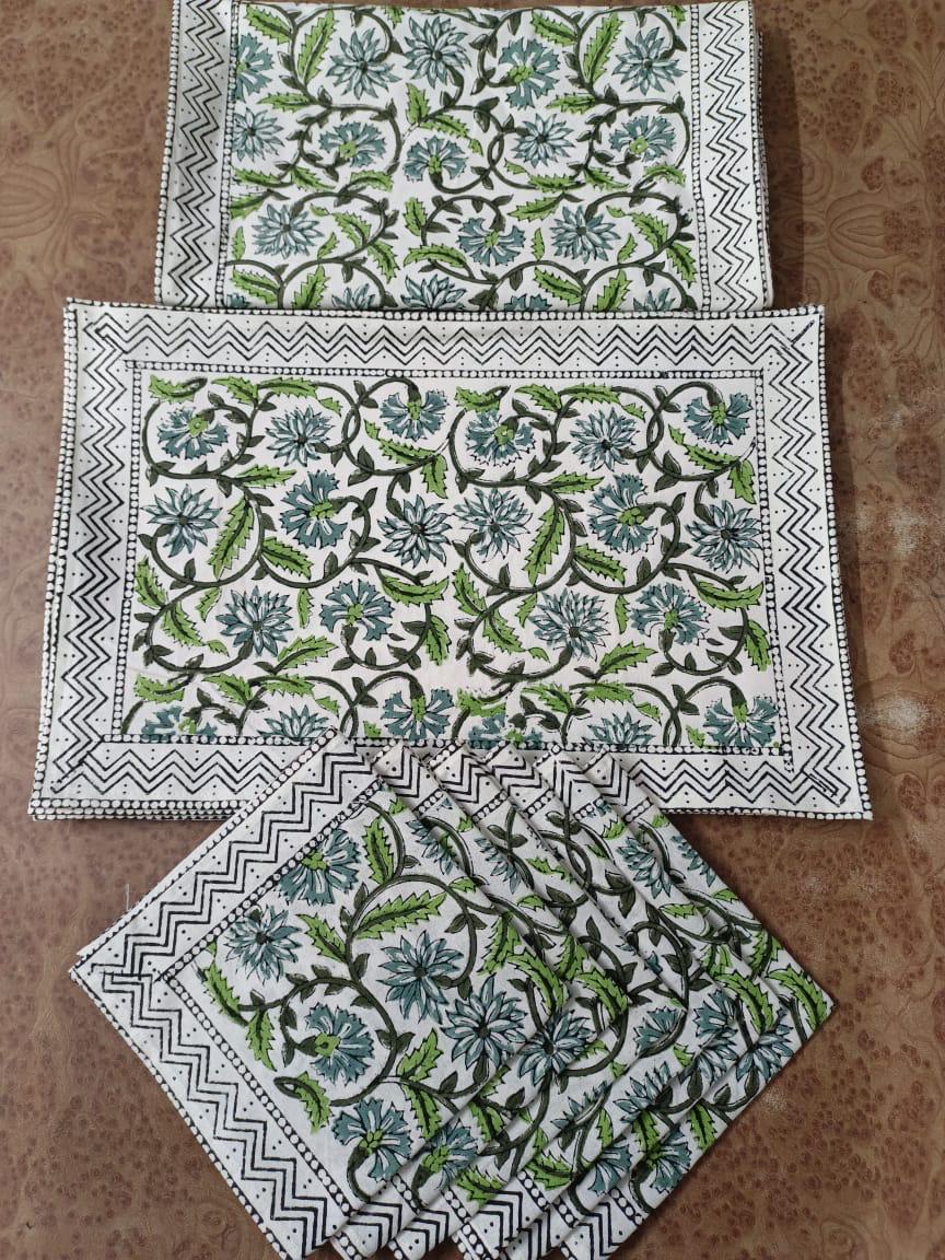 Handblock Printed 6-Seater Dining Table Runner Set with Mats & Napkins (6 Matt With 1 Runner With 6 Napkins)