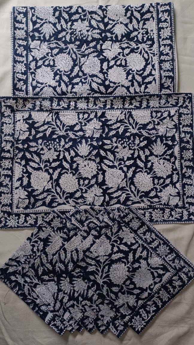 Handblock Printed 6-Seater Dining Table Runner Set with Mats & Napkins (6 Matt With 1 Runner With 6 Napkins)