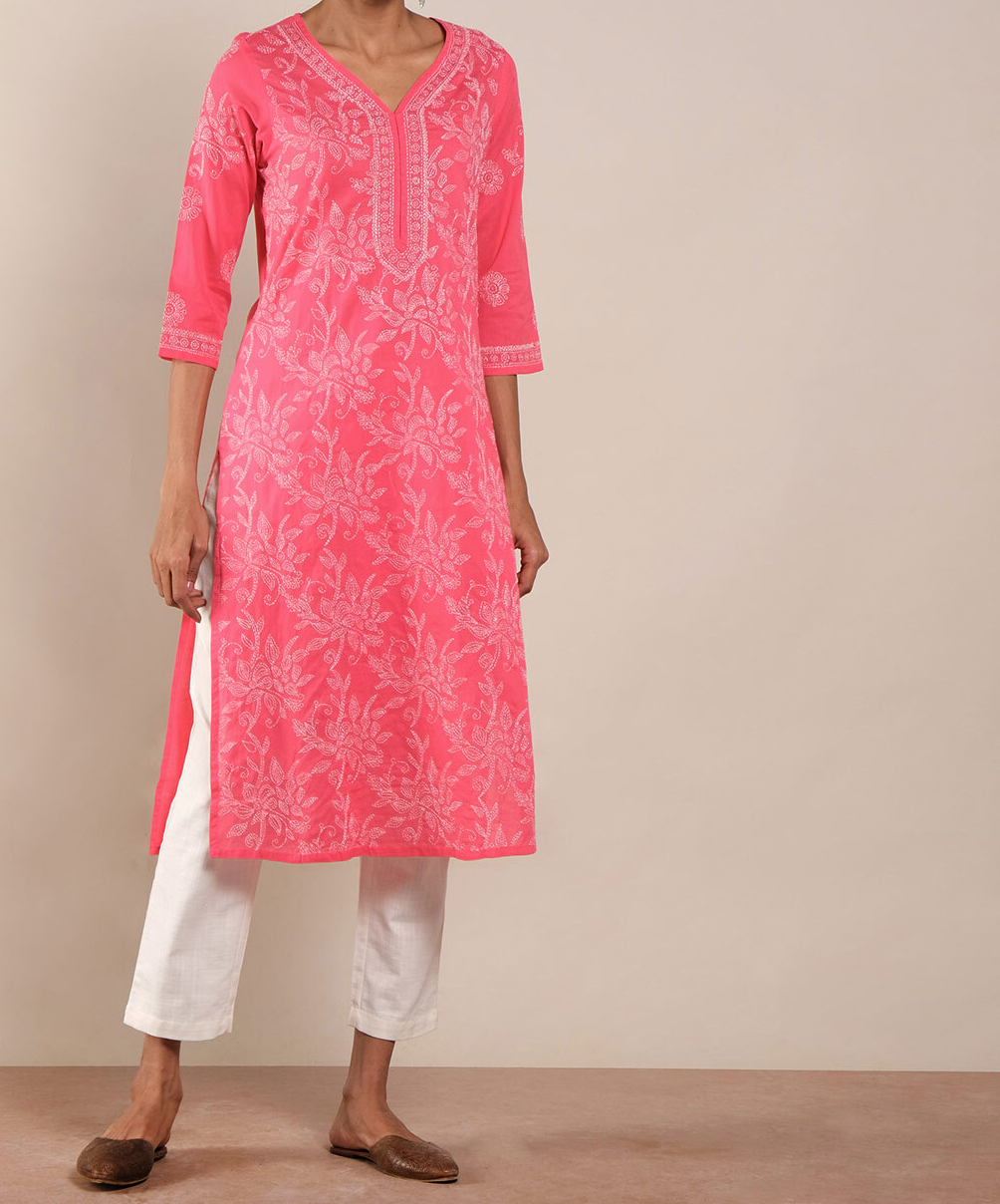 Handcrafted Lucknow Chikan Regular Fit Faux cotton  women's Kurta Kurti _Pink)