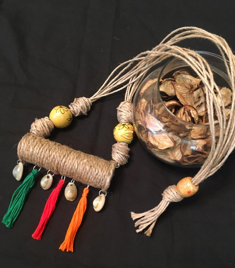 Jute Roller Neckpiece with Multi Colour tussels.
