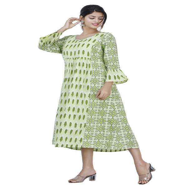 Maya Women Ethnic Wear Cotton 3/4 Sleeve Kurta Small Size Flared Sleeve A-line Kurta (Green)