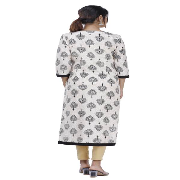 Maya Women Ethnic Wear Cotton Kurta Straight 3/4 Sleeve (Off-White & Black)
