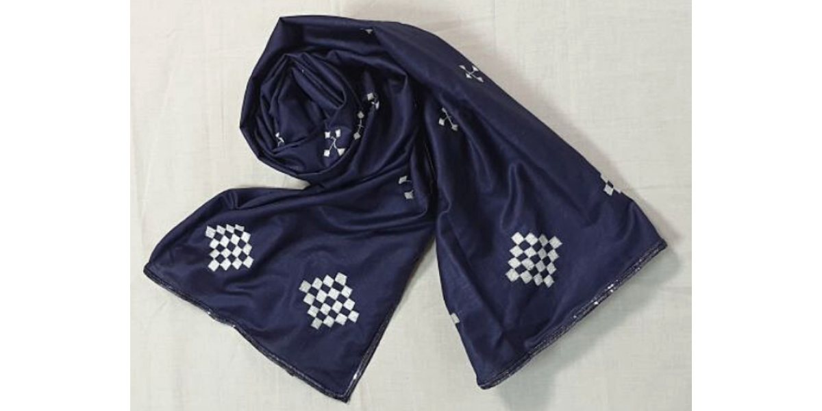 Nabha Phulkari hand embroidered Indigo silk with white motifs stole 