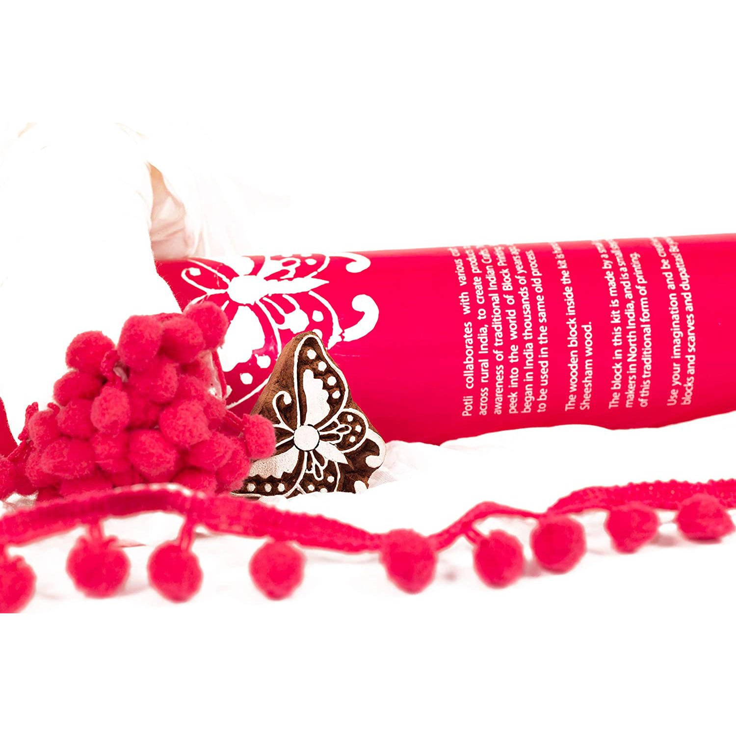 POTLI DIY Craft Kit (for All Ages) Block Print Your Own Dupatta - Butterfly Design (Pink)