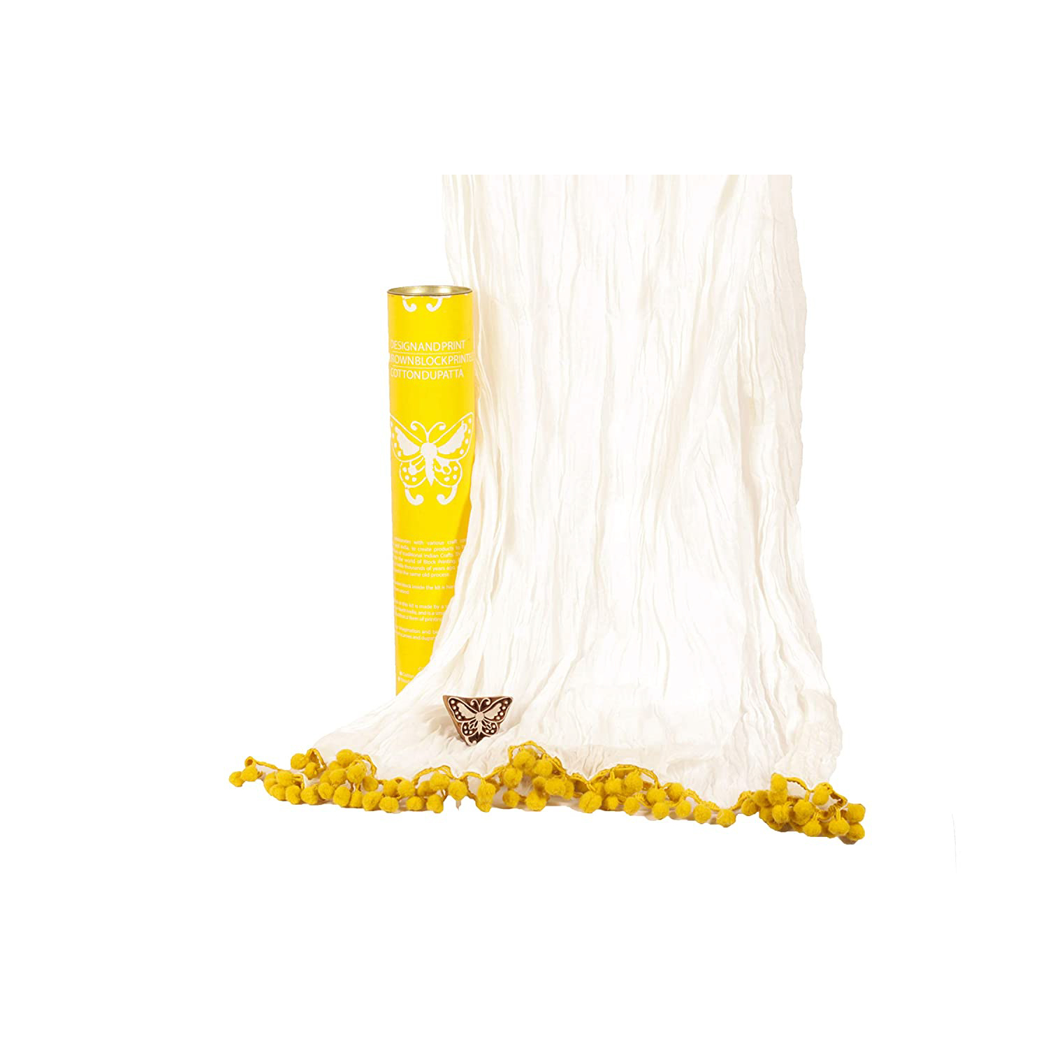POTLI DIY Craft Kit (for All Ages) Block Print Your Own Dupatta - Butterfly Design (Yellow)