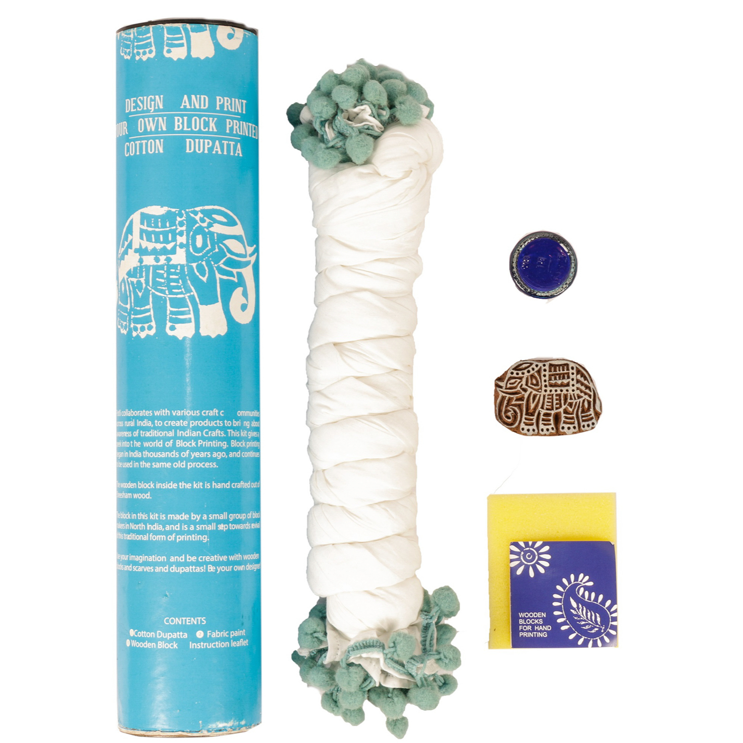 POTLI DIY Craft Kit (for All Ages) Block Print Your Own Dupatta - Elephant Design (Blue)