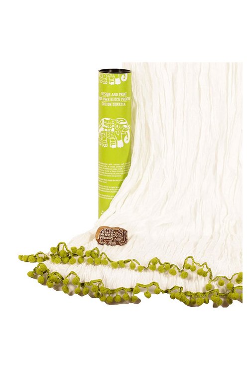 POTLI DIY Craft Kit (for All Ages) Block Print Your Own Dupatta - Elephant Design (Green)