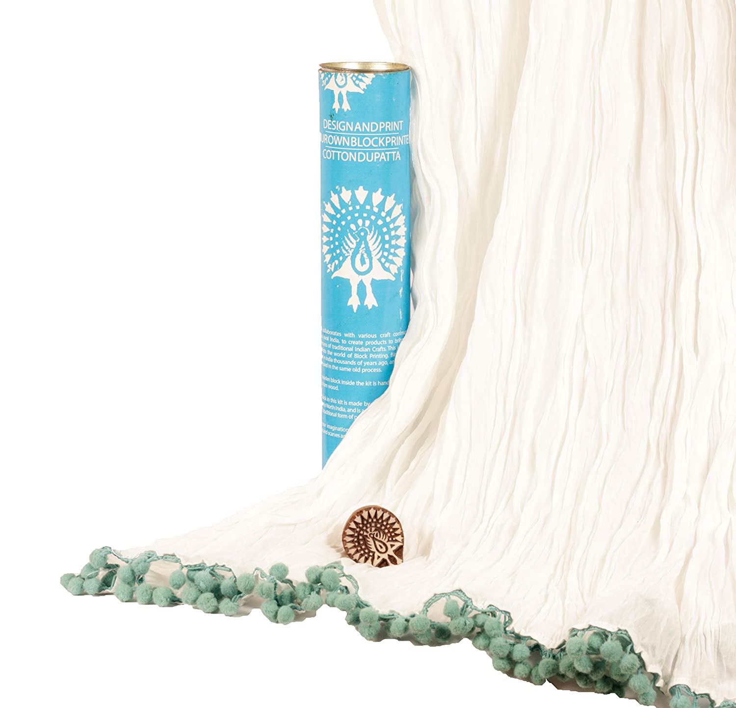 POTLI DIY Craft Kit (for All Ages) Block Print Your Own Dupatta - Peacock Design (Blue)