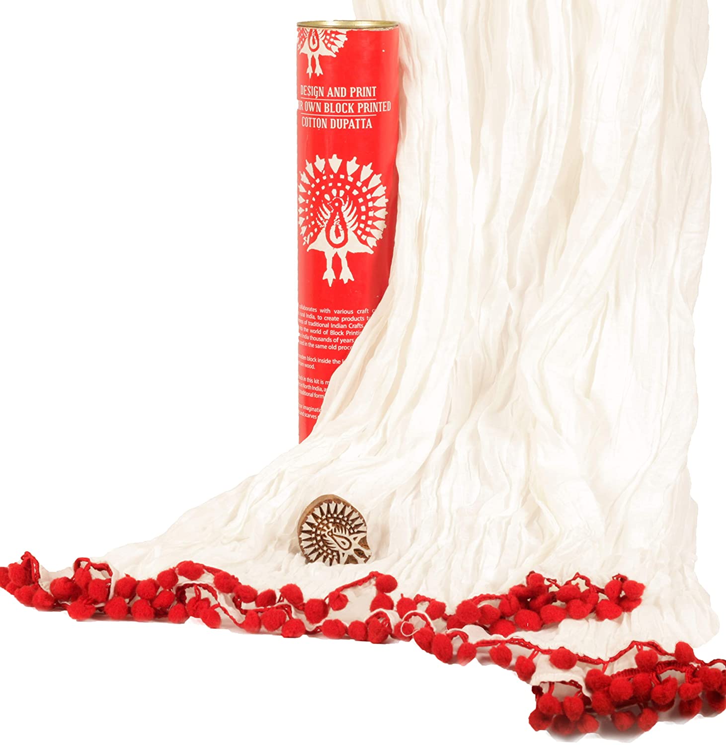 POTLI DIY Craft Kit (for All Ages) Block Print Your Own Dupatta - Peacock Design (Red)