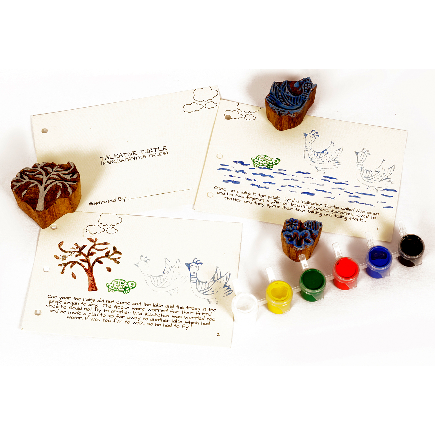 POTLI Handmade Wooden Block Print DIY Kit - Panchtantra Story Book -Talkative Turtle( 5 Years +)