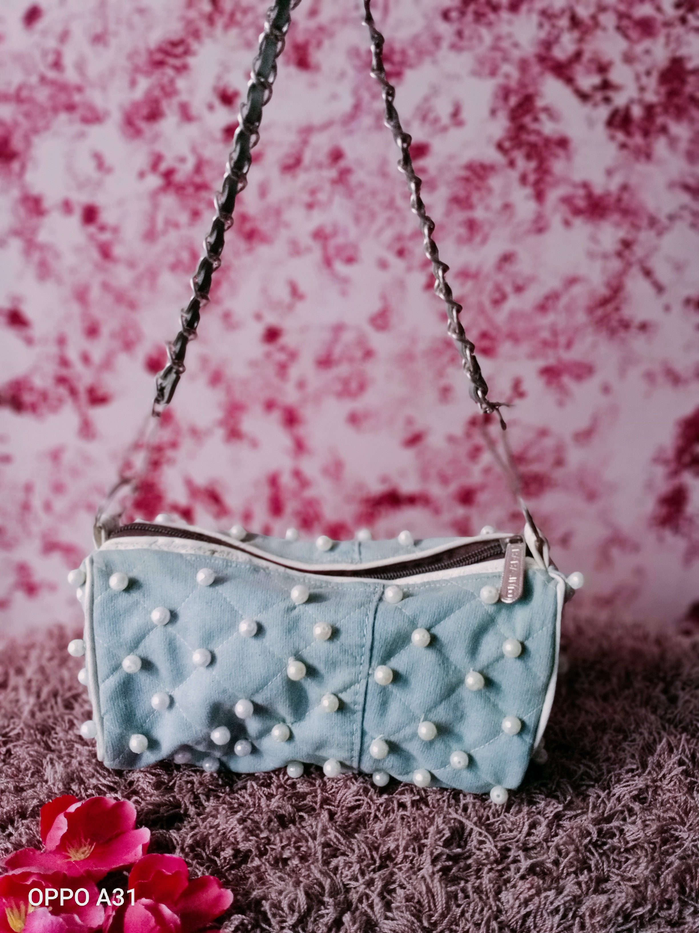 Perfect cutting party wear Blue pearl embroidered bag