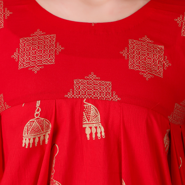 RED GOLD PRINTED PLEATED TUNIC