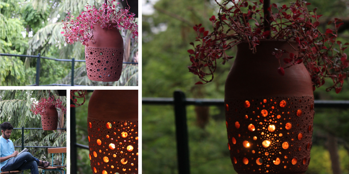 Terracotta planter cum lamp