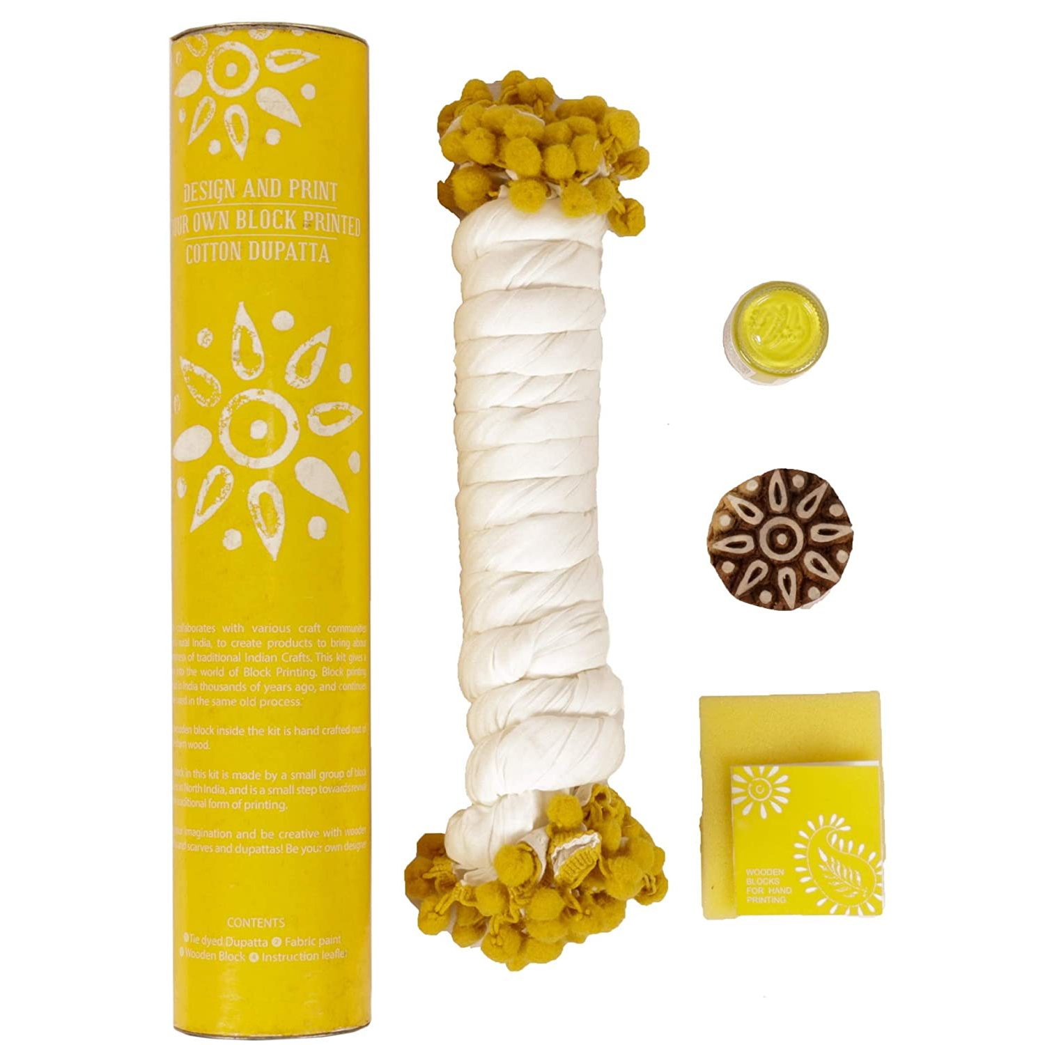 potli Cloth, Wood DIY Craft Kit for All Ages, Block Print Rangoli Design Your Own Dupatta - (Yellow)